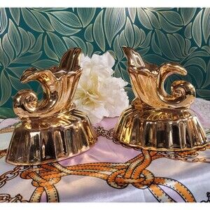 MCM Pair of Elegant 22k Gold Warranted Candlestick Holders Ceramic Candle
